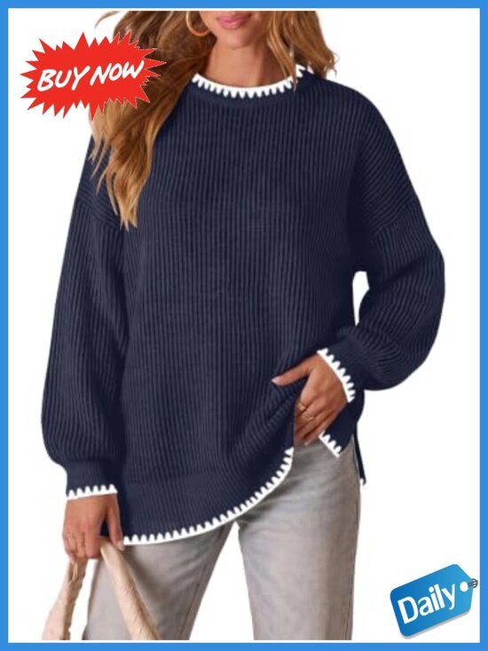 Sweaters - ETCYY Women's Oversized Striped Knit Sweater Crew Neck Batwing Sleeve Pullover